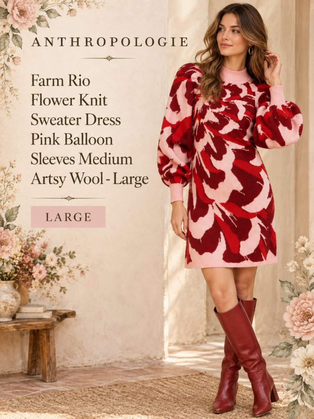 Farm Rio Flower Knit Sweater Dress Pink Balloon Sleeves L - Preloved